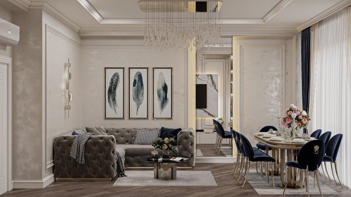 Leoblu project — neoklassik üslubda mənzil interyeri, 120 m², 2023
