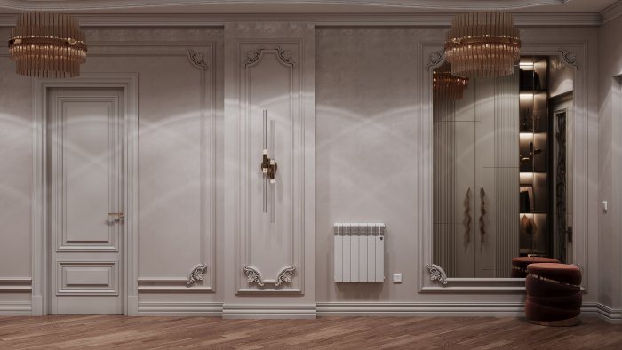 Klassik qəlibli dəhliz divarı: divarla bir səviyyədə qapı və radiator — Dəhliz və koridorlar: dar sahələr üçün dizayn həlləri