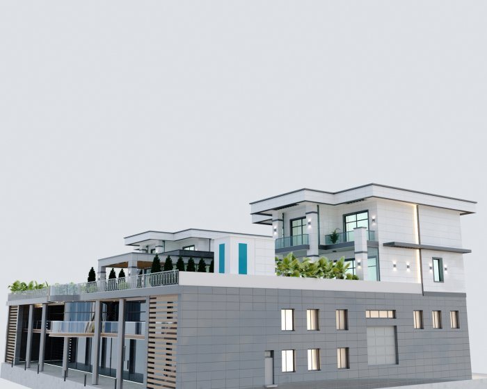 Yaşayış binasının yan fasadı: pəncərə ritmi və dam terrasları — Birinci mərtəbədə kommersiya sahəsi: layihə tələbləri