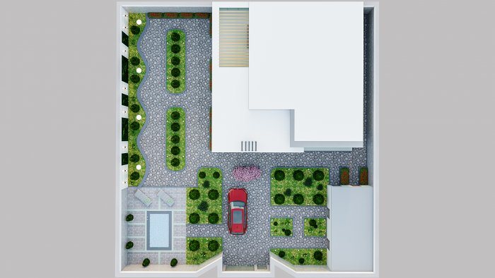 Villa sahəsinin yuxarıdan planı: bina, həyət, yaşıllıq və dayanacaq — Tikinti üçün torpaq sahəsi seçimi: yoxlanılmalı məqamlar