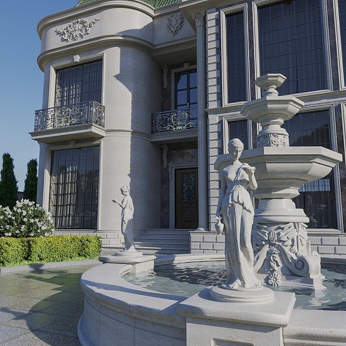Heykəlli çoxpilləli fəvvarə və villa fasadı — Həndəsi (formal) və təbii bağ üslubu: fərqlər