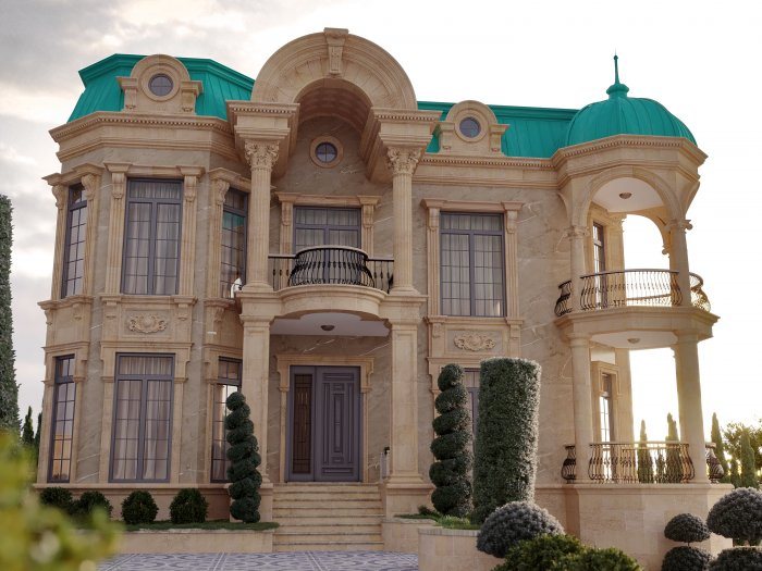 Qum rəngli daş fasadlı və firuzəyi damlı klassik villa — Memar üçün texniki tapşırığı necə hazırlamalı