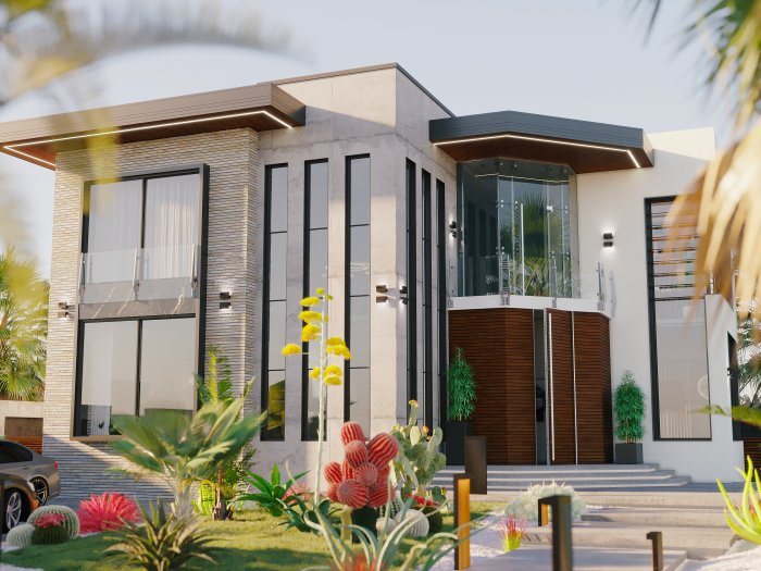 Modern ev: daş üzlüklü fasad və hündür dar pəncərələr — Seysmik ərazidə ev: konstruktiv tələblərin mənası