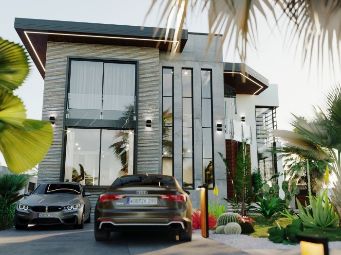 Modern ev fasadı: iki mərtəbə hündürlüyündə şüşə vitraj və giriş önündə avtomobil yeri — Eskiz layihə və işçi layihə: fərq və ardıcıllıq