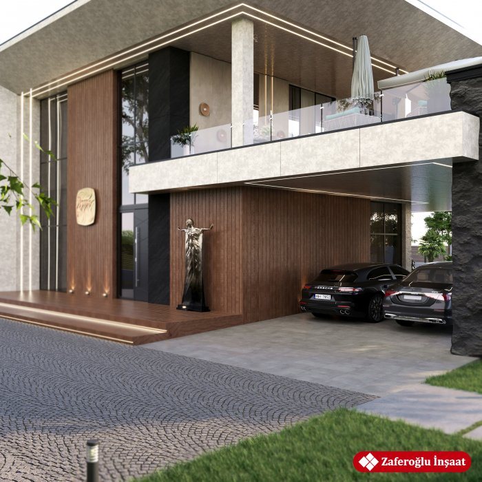 Modern villa: konsollu terras, taxta üzlük və örtülü avtomobil yeri — Pəncərə və vitraj montajı: tikintinin hansı mərhələsində