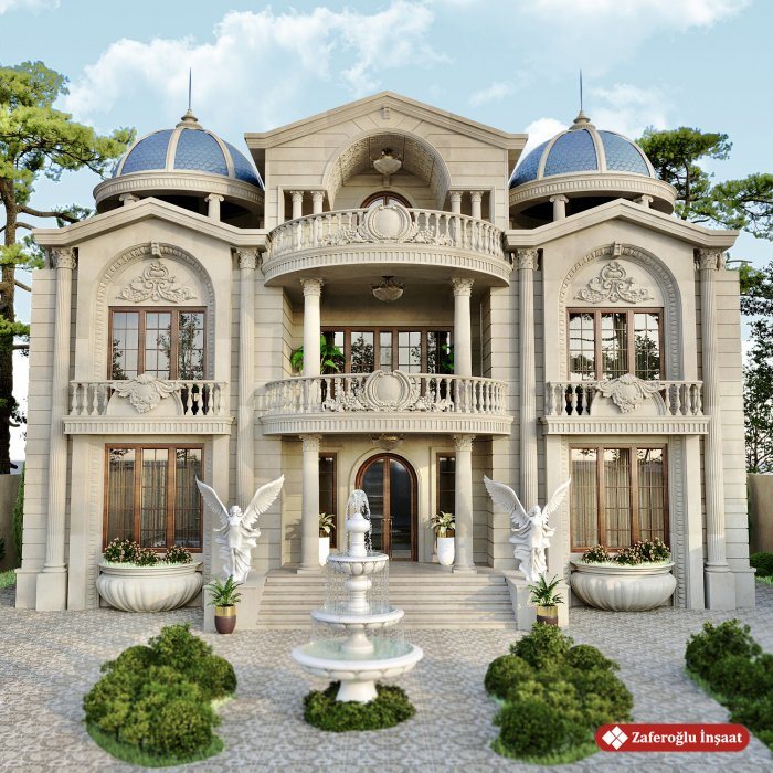 Klassik villa layihəsi: günbəzli qüllələr, sütunlu eyvanlar və fəvvarəli həyət — Fərdi ev tikintisinin mərhələləri: layihədən təhvilə