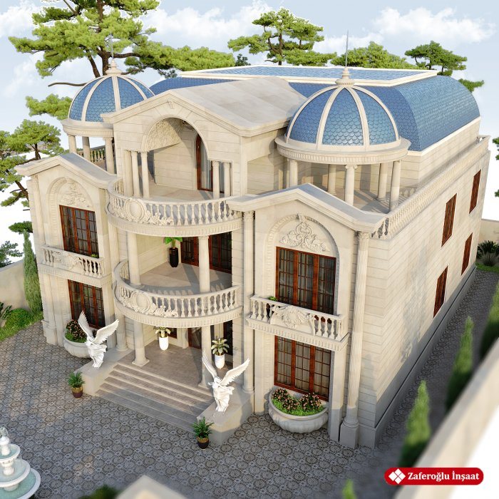 Günbəzli klassik villa və həyətin yuxarıdan görünüşü — Ev planında zonalaşdırma: gündüz, gecə və xidmət zonaları