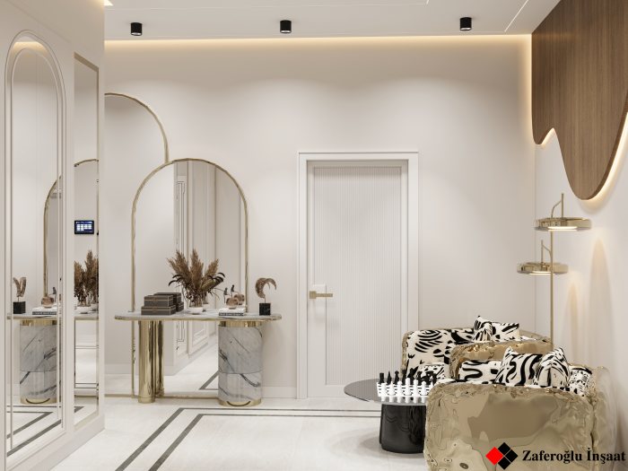 Hol: arka formalı güzgülər, konsol və gizli işıqlı tavan — Hamam otağının təmiri: mərhələlər və vacib detallar